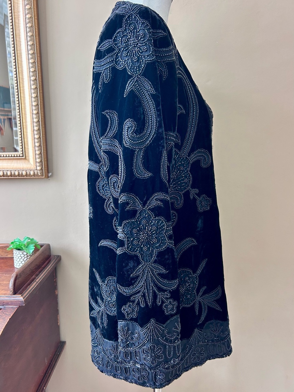 Vintage Oleg Cassini Black Tie Beaded Silk Velvet Formal Blazer Jacket Size L - Picture 7 of 10